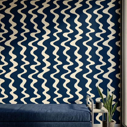 Navy Wave Wallpaper Retro Wavy Stripe Pattern Mid Century Modern Coastal Wall Decor