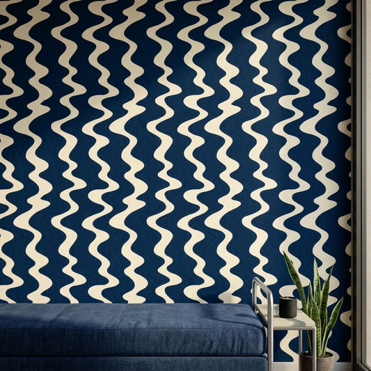 Navy Wave Wallpaper Retro Wavy Stripe Pattern Mid Century Modern Coastal Wall Decor