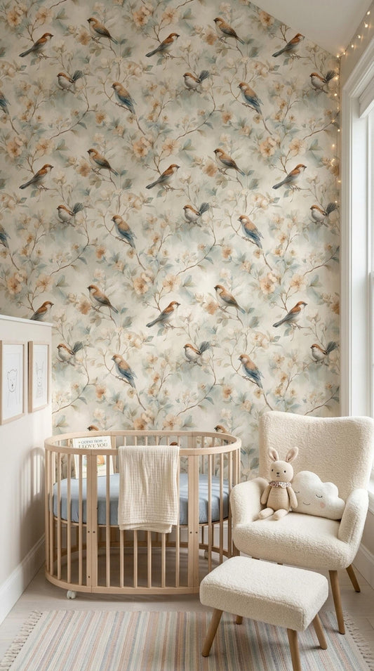 Vintage Bird Floral Wallpaper Cottagecore Botanical Wall Decor Watercolor Blossom Pattern