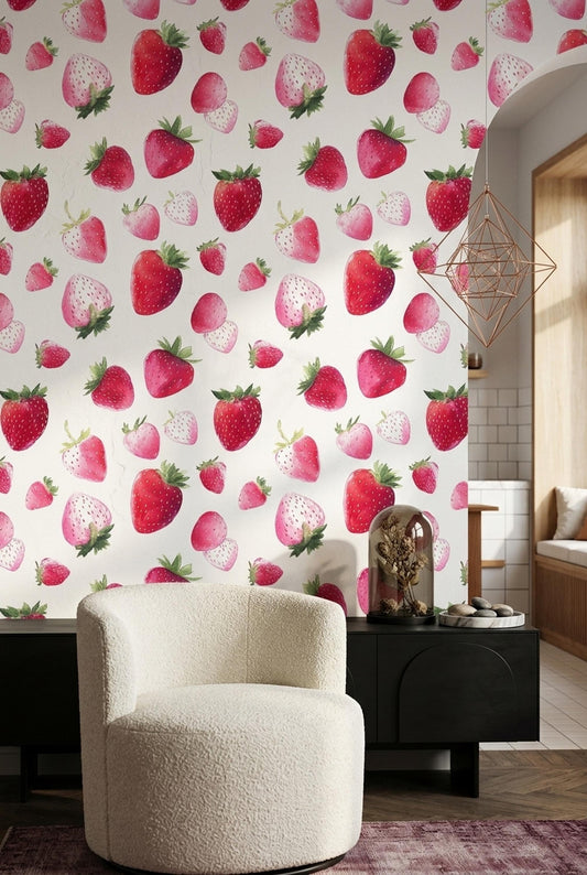 Watercolor Strawberry Wallpaper Pink Fruit Pattern Sweet Cottagecore Girls Room Decor