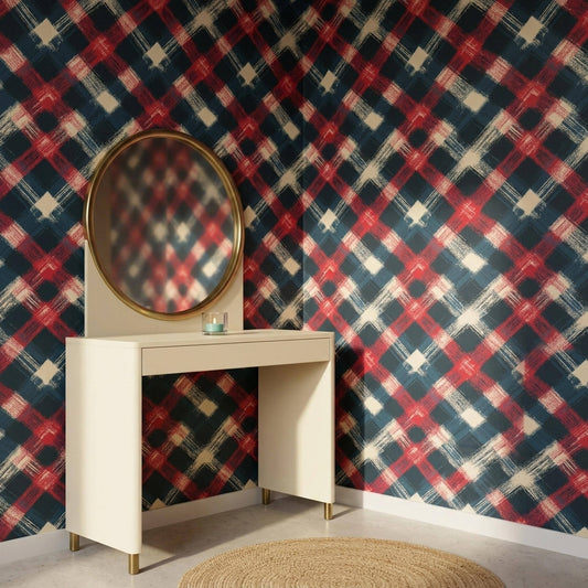 Navy Red Plaid Wallpaper Vintage Tartan Pattern Rustic Americana Wall Decor