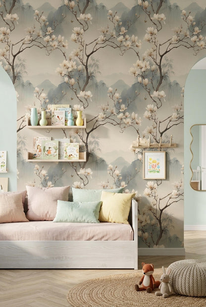 Magnolia Chinoiserie Wallpaper Asian Botanical Wallpaper Zen Floral Wall Decor