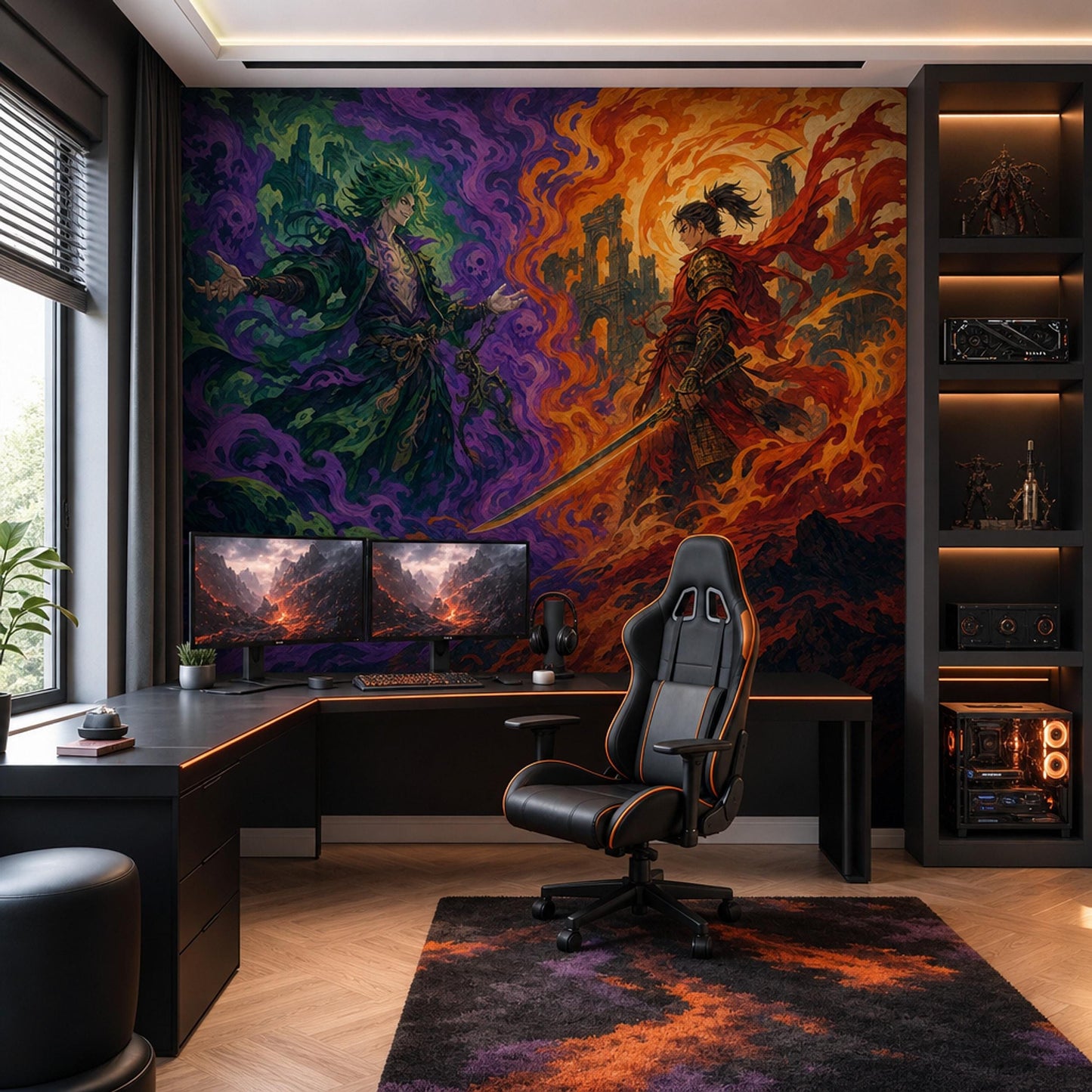 Fantasy Samurai Battle Wall Mural Dark Anime Inspired Epic Fire Magic Wall Decor