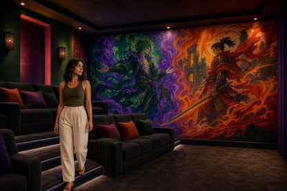 Fantasy Samurai Battle Wall Mural Dark Anime Inspired Epic Fire Magic Wall Decor