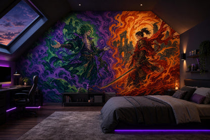 Fantasy Samurai Battle Wall Mural Dark Anime Inspired Epic Fire Magic Wall Decor