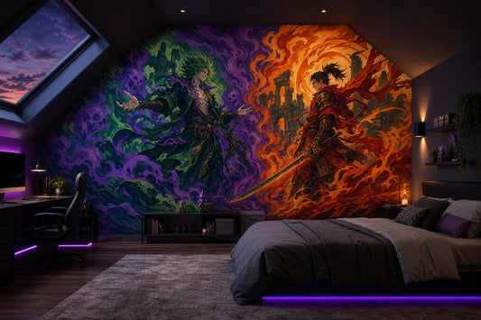 Fantasy Samurai Battle Wall Mural Dark Anime Inspired Epic Fire Magic Wall Decor