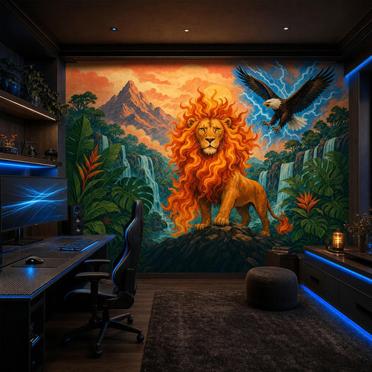 Majestic Lion Wall Mural Fantasy Jungle Landscape Epic Wildlife Statement Wall Decor