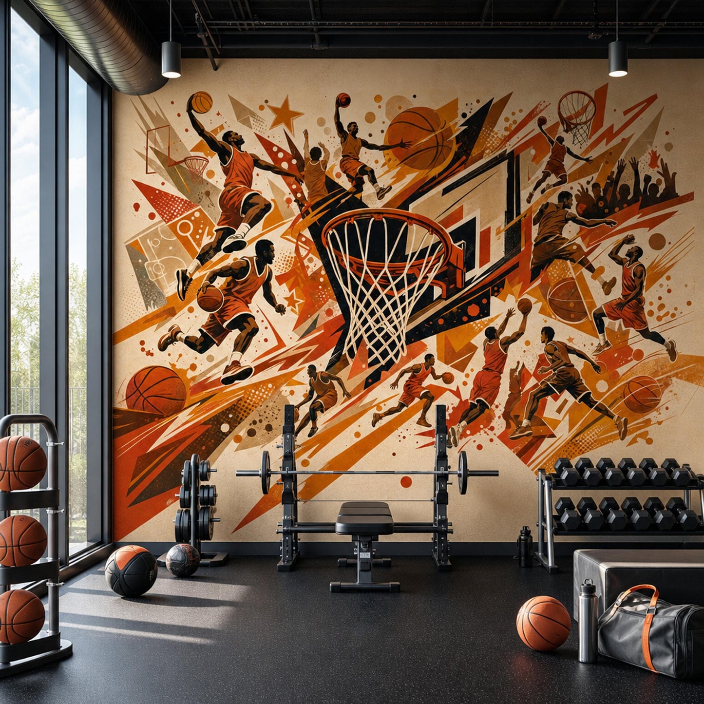 Basketball Wall Mural Athletic Gym Decor Sports Facility Wallpaper Dynamic Game Room Feature Wall