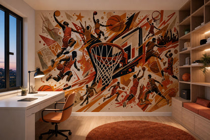 Basketball Wall Mural Athletic Gym Decor Sports Facility Wallpaper Dynamic Game Room Feature Wall