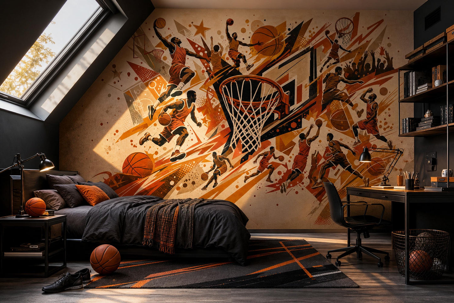 Basketball Wall Mural Athletic Gym Decor Sports Facility Wallpaper Dynamic Game Room Feature Wall