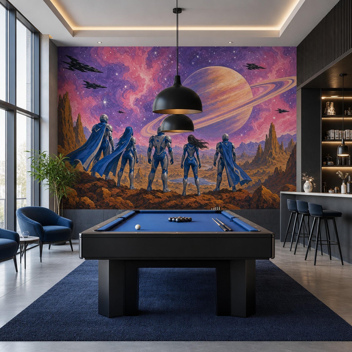 Retro Futurism Space Wall Mural Ringed Planet Galactic Expedition Sci Fi Interior Decor