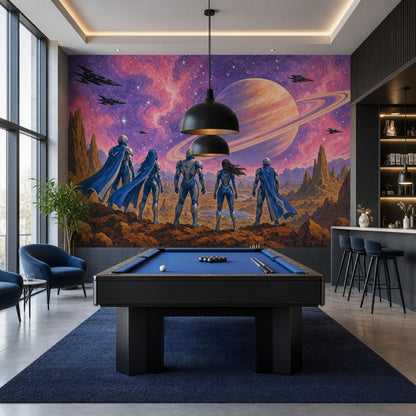 Retro Futurism Space Wall Mural Ringed Planet Galactic Expedition Sci Fi Interior Decor