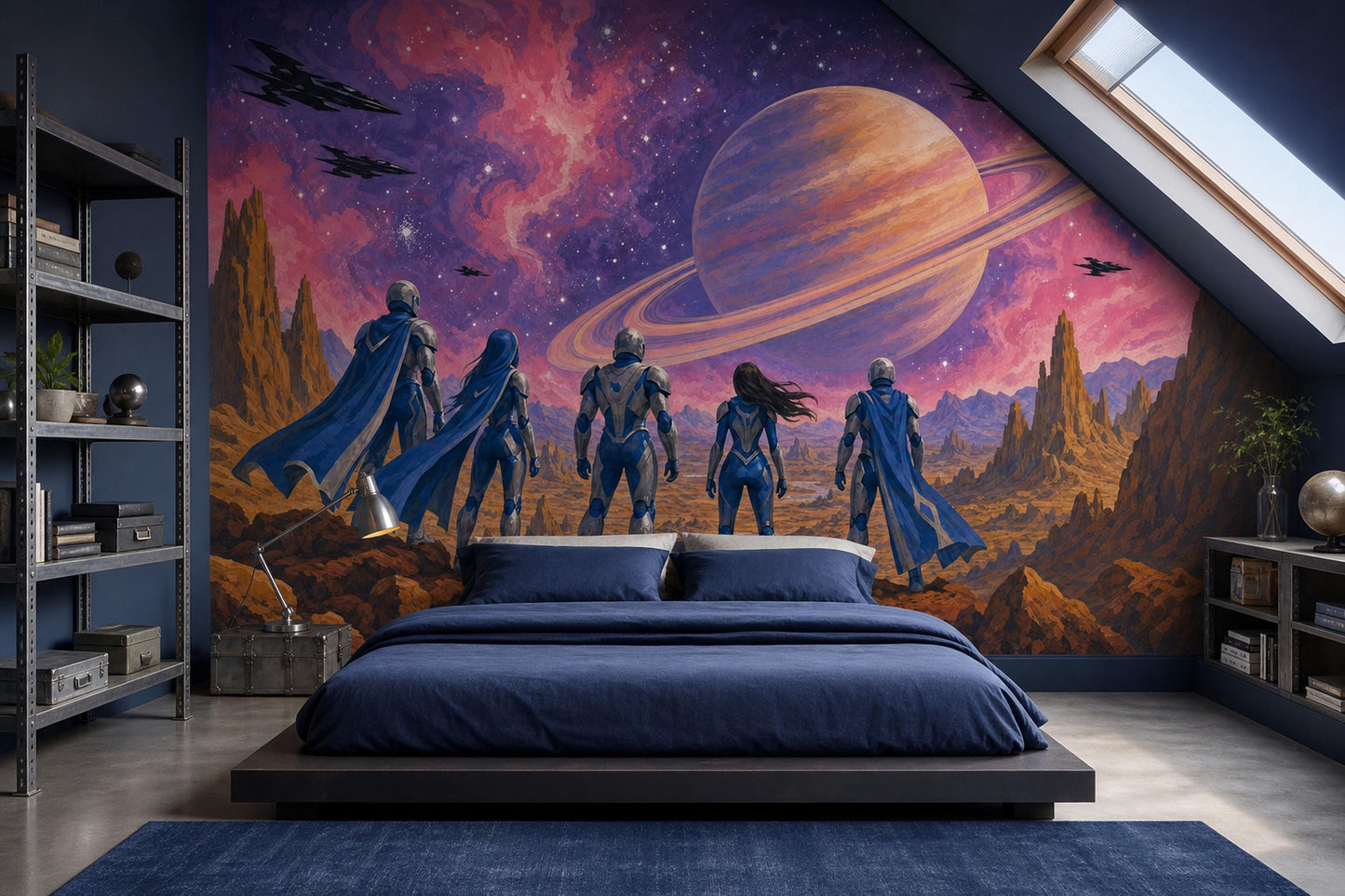 Retro Futurism Space Wall Mural Ringed Planet Galactic Expedition Sci Fi Interior Decor