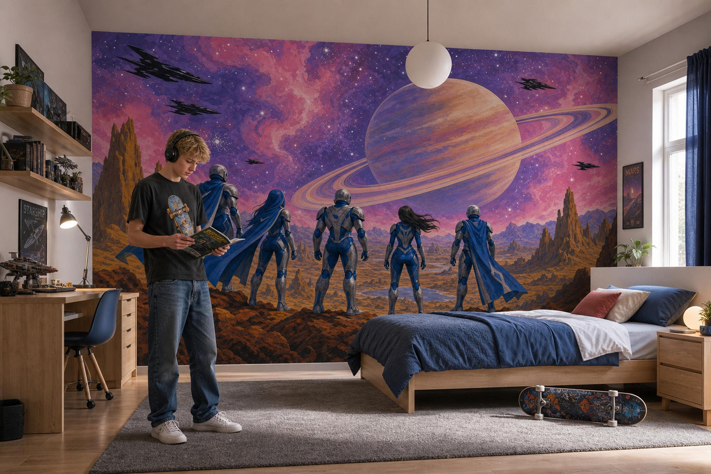 Retro Futurism Space Wall Mural Ringed Planet Galactic Expedition Sci Fi Interior Decor