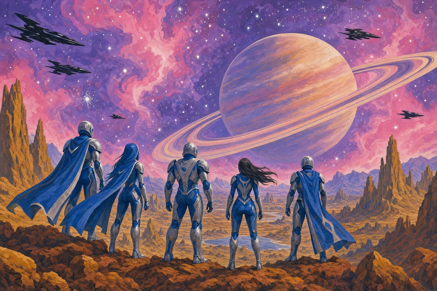 Retro Futurism Space Wall Mural Ringed Planet Galactic Expedition Sci Fi Interior Decor
