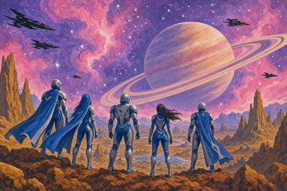 Retro Futurism Space Wall Mural Ringed Planet Galactic Expedition Sci Fi Interior Decor