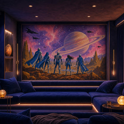 Retro Futurism Space Wall Mural Ringed Planet Galactic Expedition Sci Fi Interior Decor