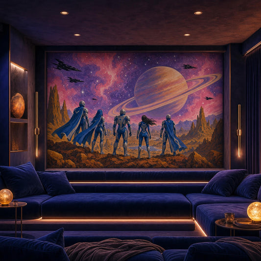 Retro Futurism Space Wall Mural Ringed Planet Galactic Expedition Sci Fi Interior Decor