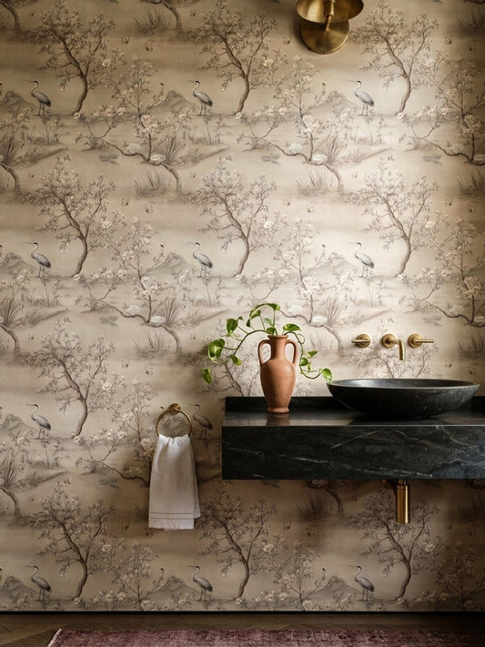 Heritage Botanical Toile Wallpaper Neutral Crane Floral Vintage Estate Wall Decor