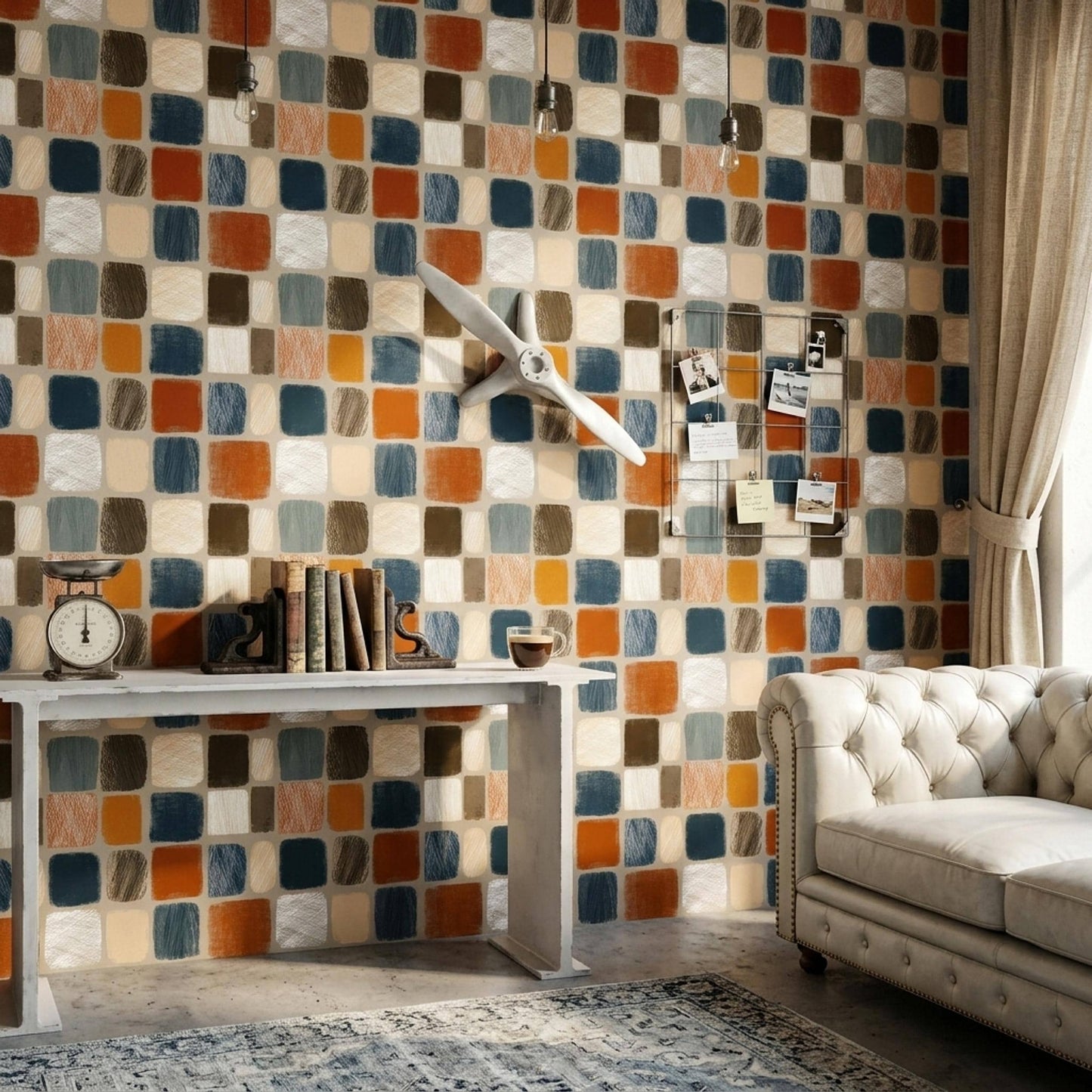 Mid Century Organic Wallpaper Retro Geometric Block Pattern Scandinavian Wall Decor