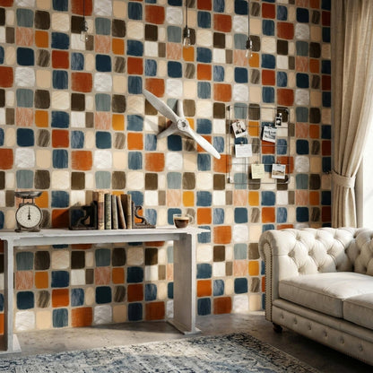 Mid Century Organic Wallpaper Retro Geometric Block Pattern Scandinavian Wall Decor