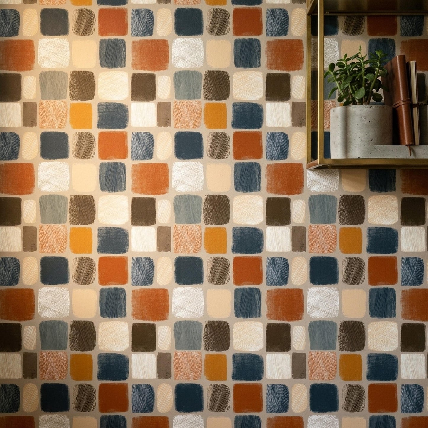 Mid Century Organic Wallpaper Retro Geometric Block Pattern Scandinavian Wall Decor