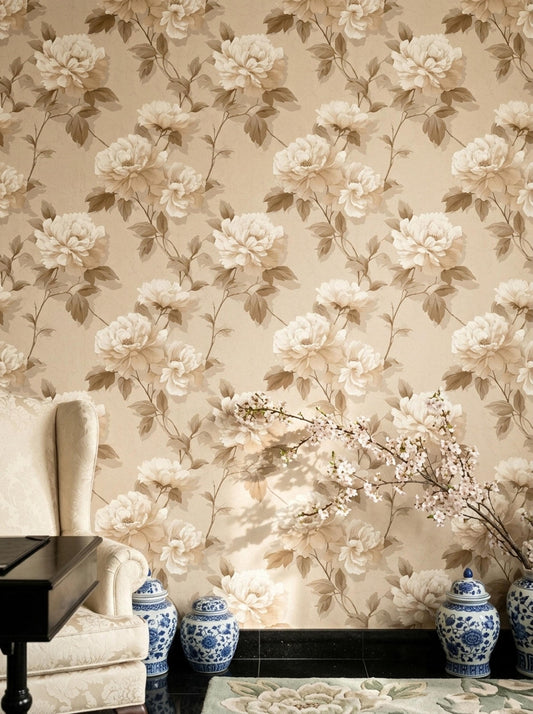 French Provincial Wallpaper Vintage Peony Floral Pattern Neutral Heritage Wall Decor