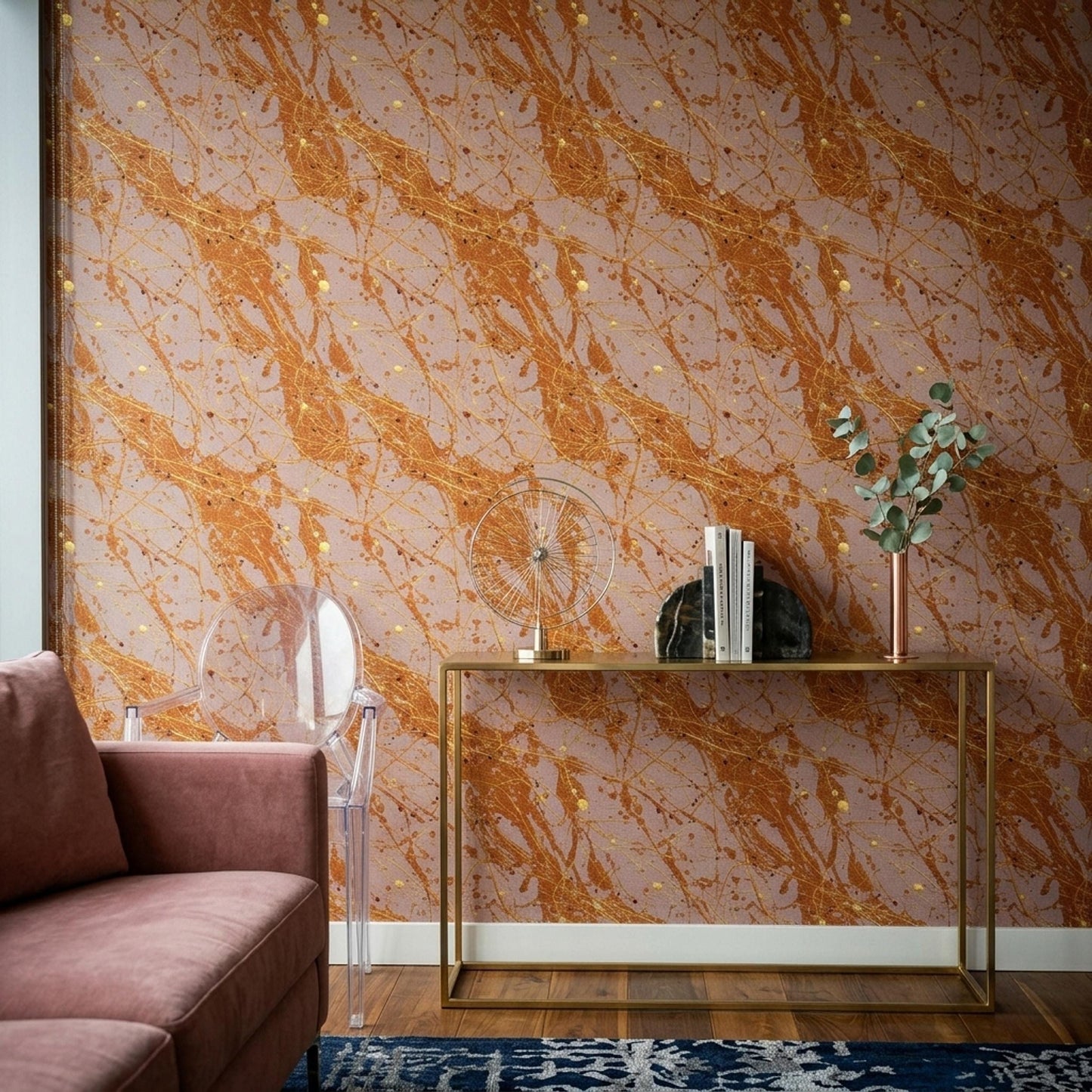 Modern Glam Wallpaper Gold Splash Abstract Pattern Pink Luxury Contemporary Wall Decor