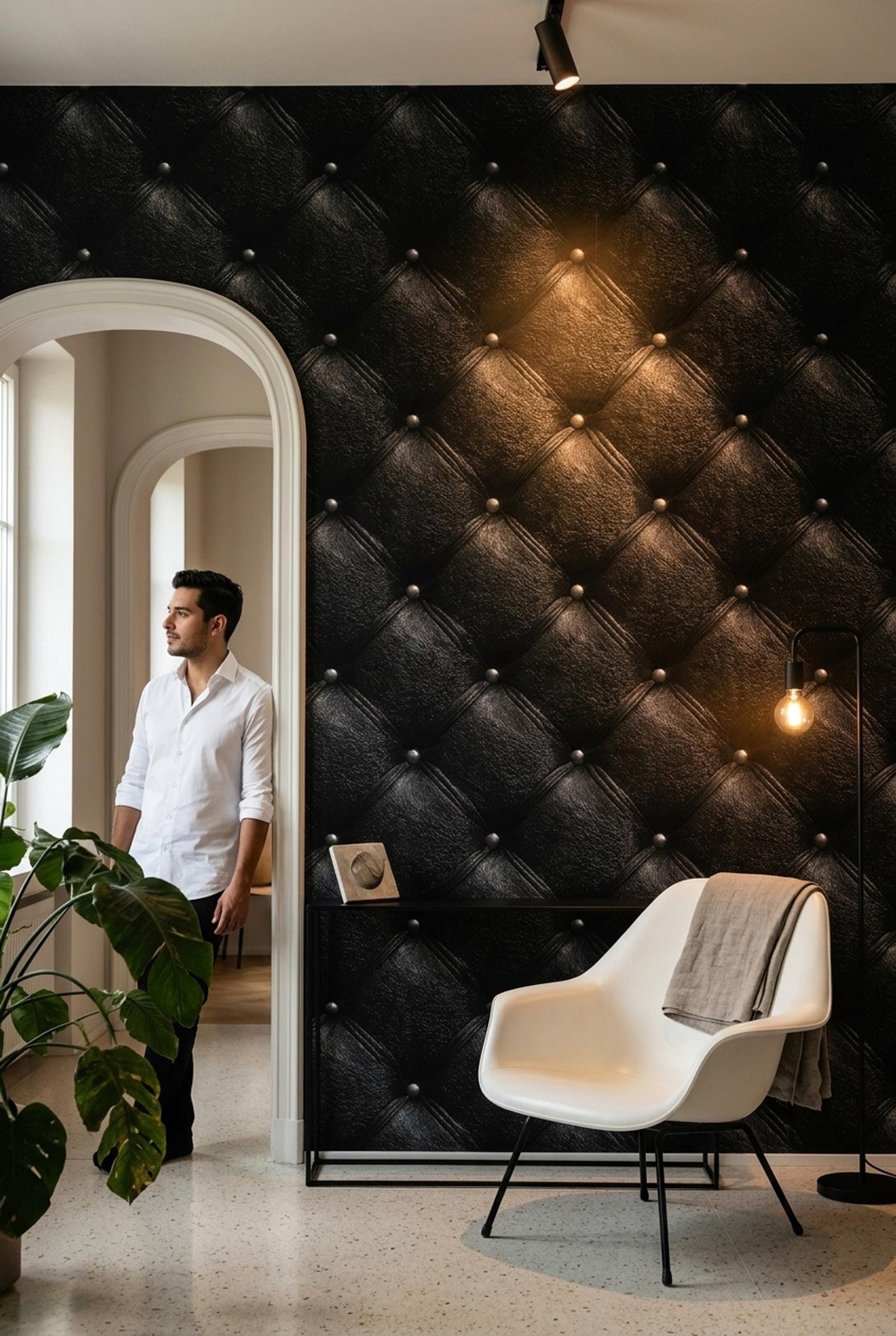 Chesterfield Leather Wallpaper Black Tufted Panel Luxury Gentlemans Club Wall Decor
