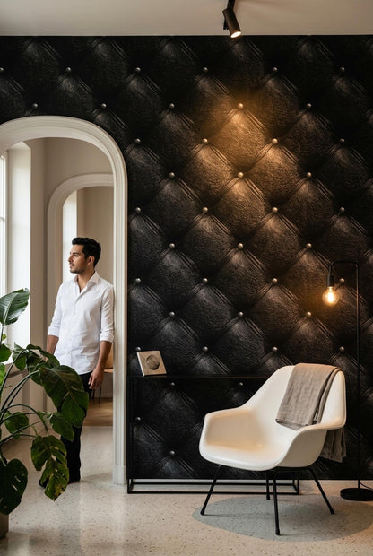 Chesterfield Leather Wallpaper Black Tufted Panel Luxury Gentlemans Club Wall Decor