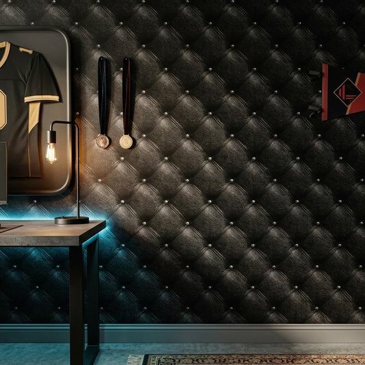 Chesterfield Leather Wallpaper Black Tufted Panel Luxury Gentlemans Club Wall Decor