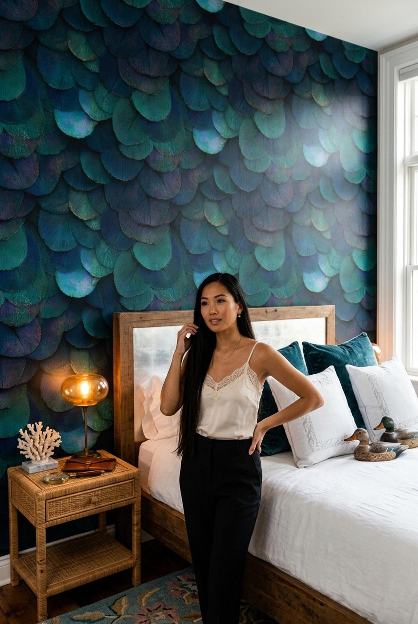 Peacock Feather Wallpaper Jewel Tone Art Deco Luxury Blue Green Textured Wall Decor