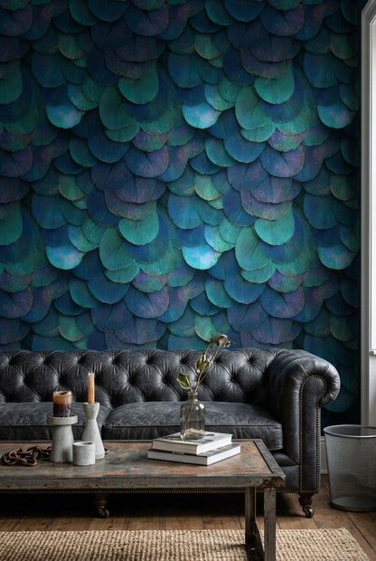 Peacock Feather Wallpaper Jewel Tone Art Deco Luxury Blue Green Textured Wall Decor