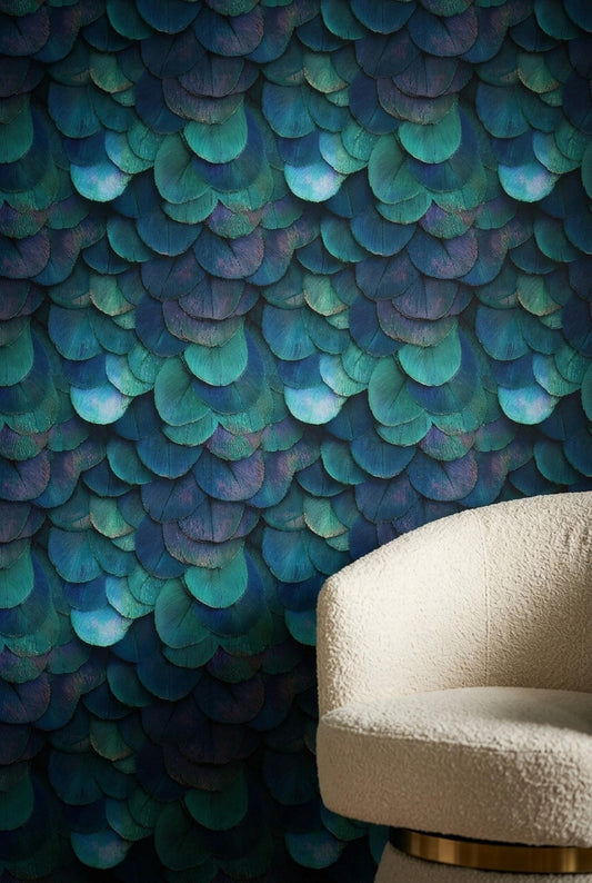 Peacock Feather Wallpaper Jewel Tone Art Deco Luxury Blue Green Textured Wall Decor