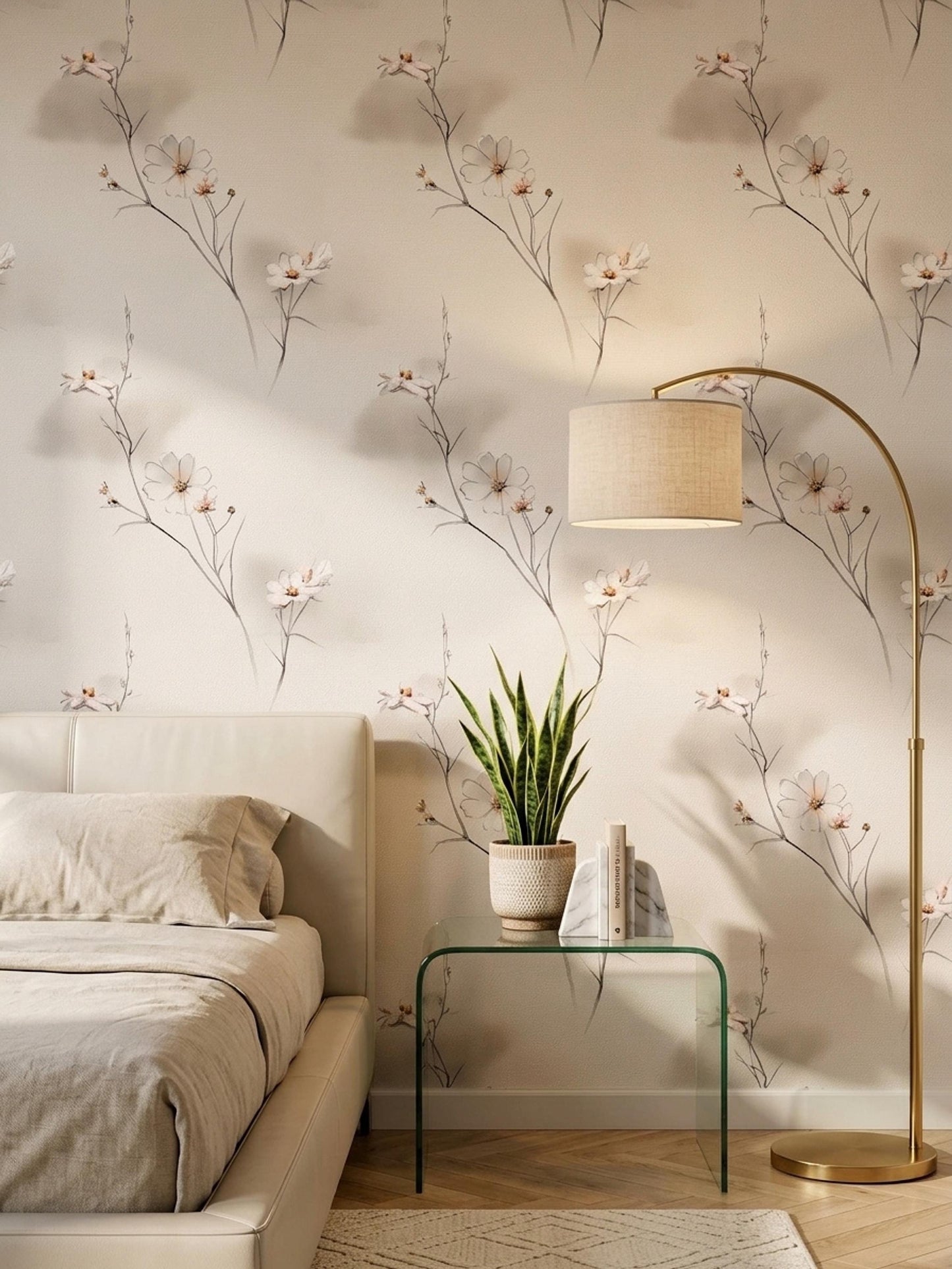 Japandi Wildflower Wallpaper Scandinavian Floral Line Art Neutral Botanical Wall Decor