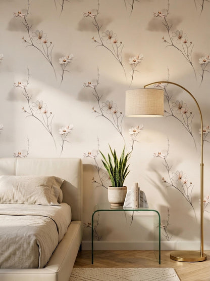 Japandi Wildflower Wallpaper Scandinavian Floral Line Art Neutral Botanical Wall Decor