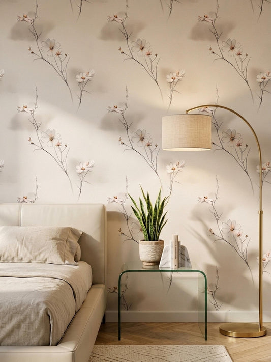 Japandi Wildflower Wallpaper Scandinavian Floral Line Art Neutral Botanical Wall Decor
