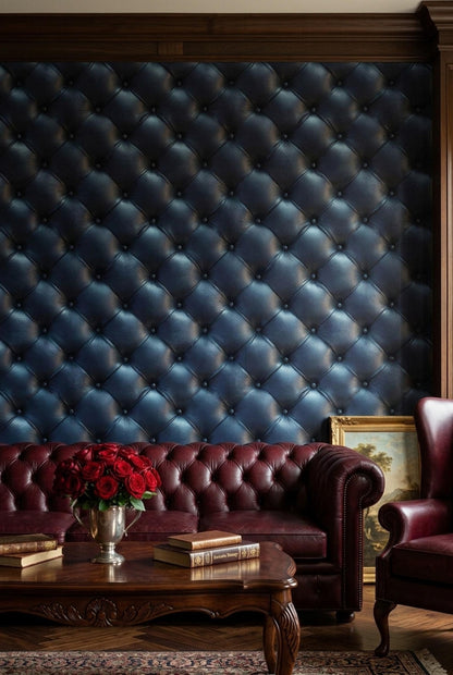 Navy Chesterfield Leather Wallpaper Old Money Executive Office Club Wall Decor