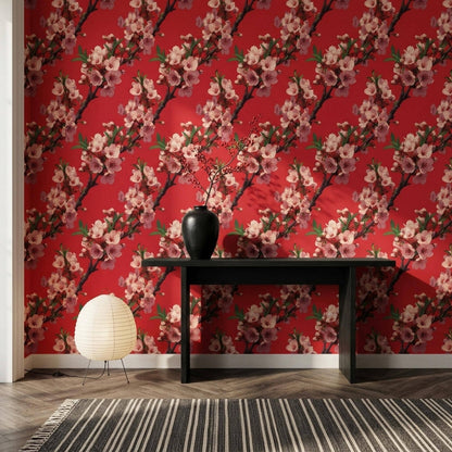 Red Cherry Blossom Wallpaper Japanese Sakura Chinoiserie Floral Asian Wall Decor