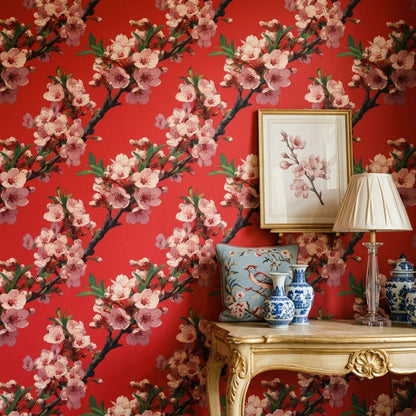 Red Cherry Blossom Wallpaper Japanese Sakura Chinoiserie Floral Asian Wall Decor
