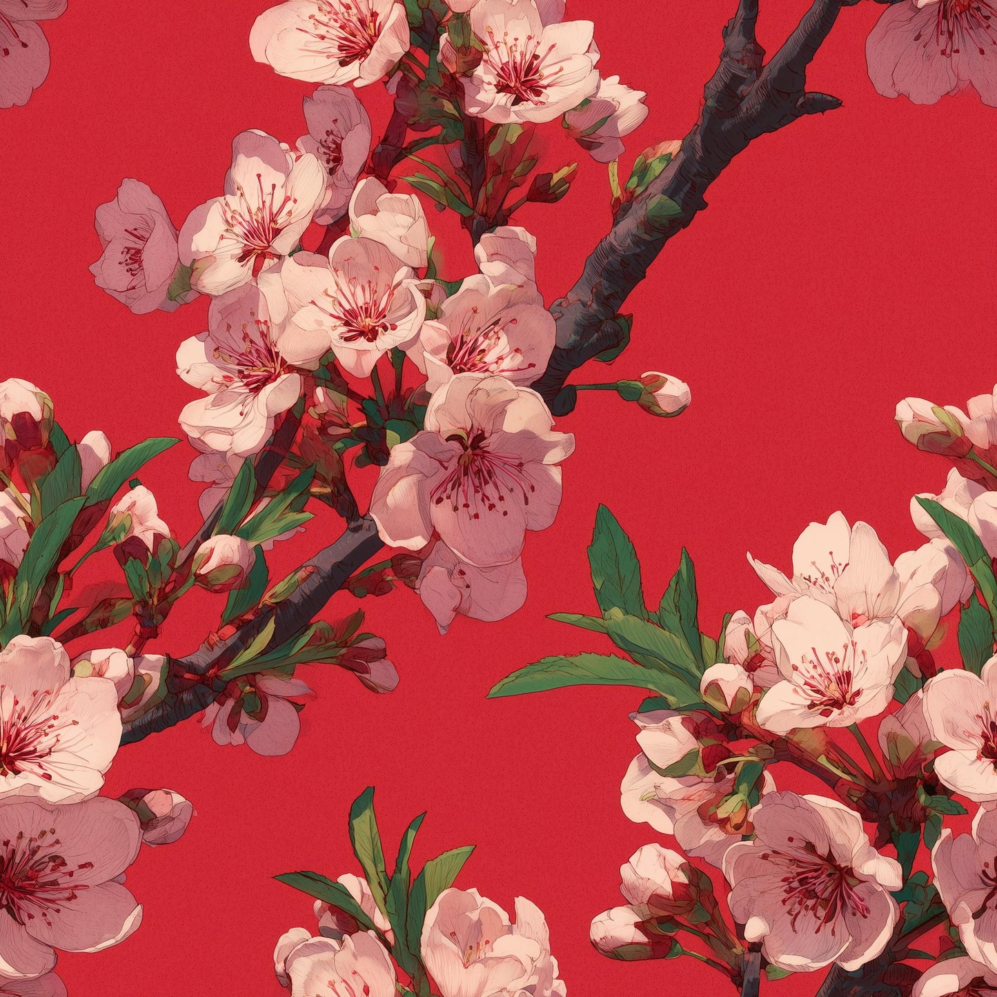 Red Cherry Blossom Wallpaper Japanese Sakura Chinoiserie Floral Asian Wall Decor