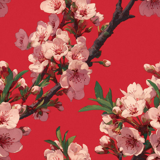 Red Cherry Blossom Wallpaper Japanese Sakura Chinoiserie Floral Asian Wall Decor