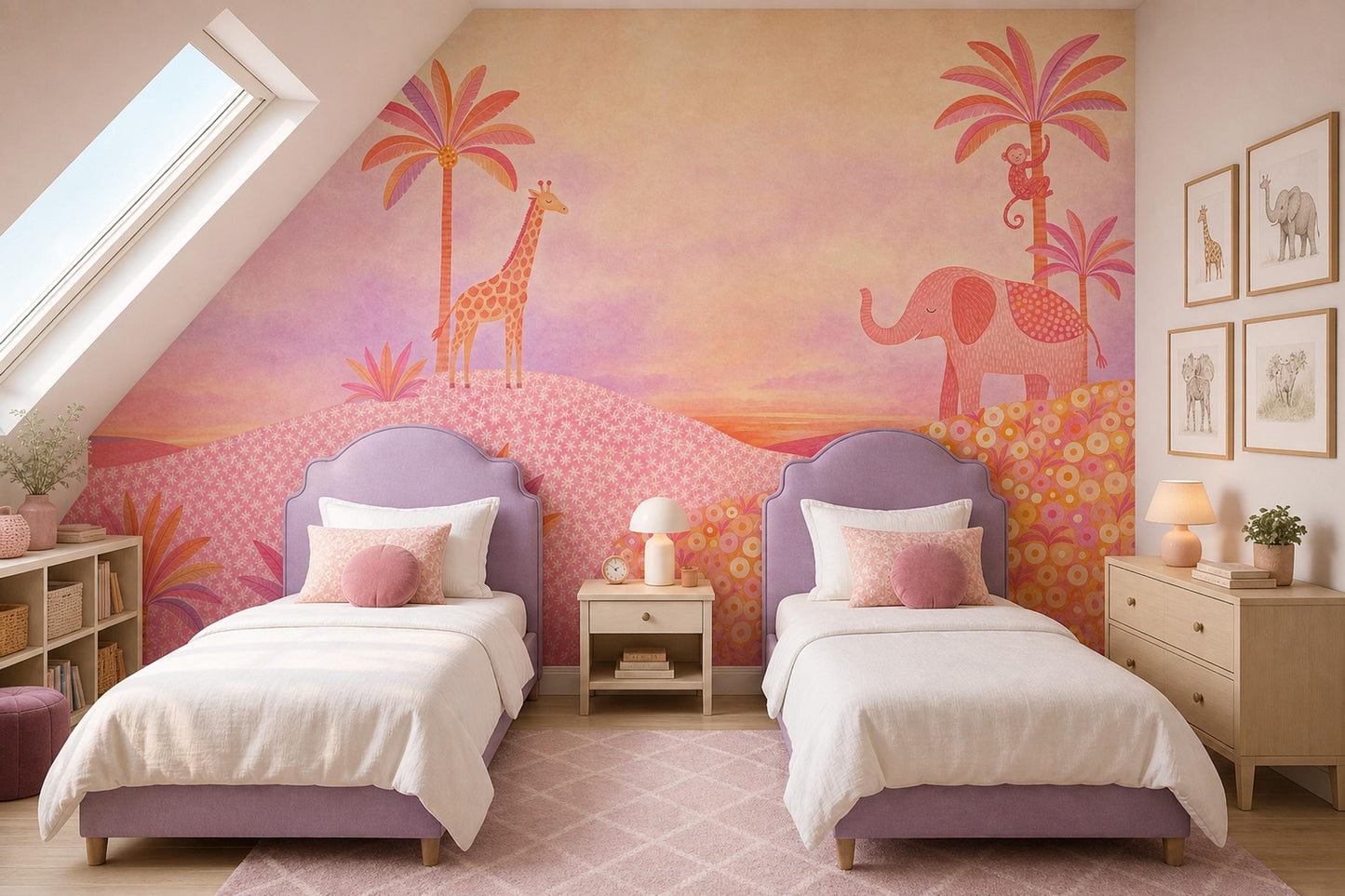 Pink Safari Animal Wall Mural Watercolor Elephant Giraffe Jungle Kids Room Decor