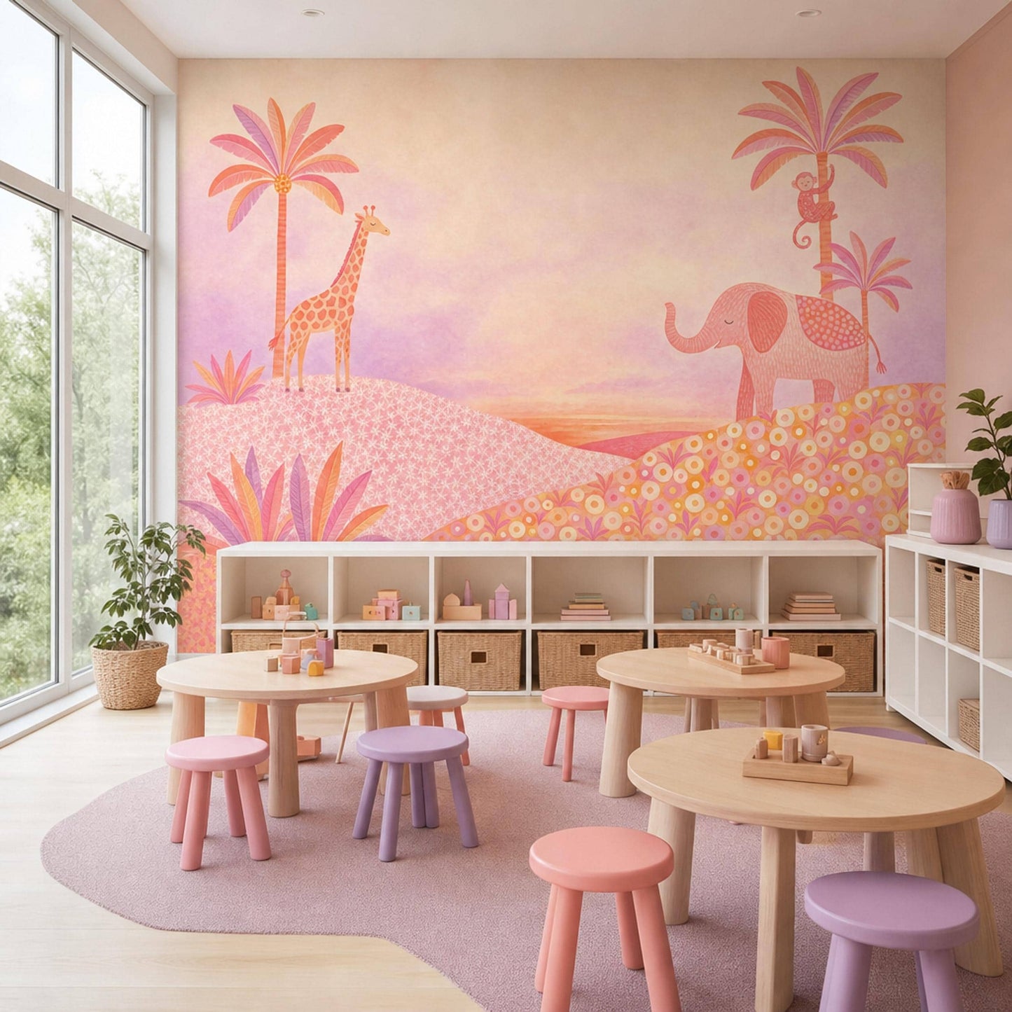 Pink Safari Animal Wall Mural Watercolor Elephant Giraffe Jungle Kids Room Decor