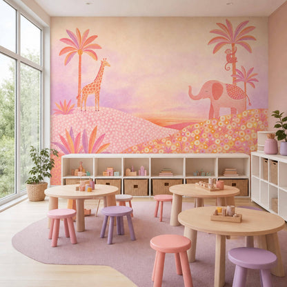 Pink Safari Animal Wall Mural Watercolor Elephant Giraffe Jungle Kids Room Decor