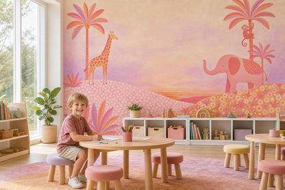 Pink Safari Animal Wall Mural Watercolor Elephant Giraffe Jungle Kids Room Decor