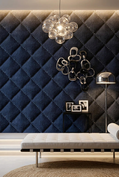 Navy Blue Faux Leather Wallpaper, Tufted Diamond Pattern Luxury Wall Covering Decor
