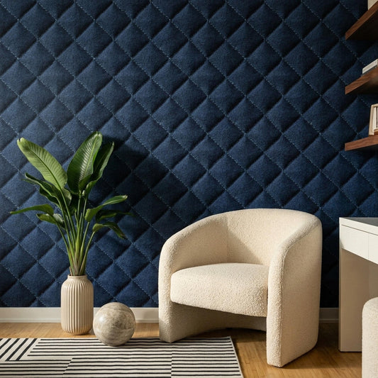 Navy Blue Faux Leather Wallpaper, Tufted Diamond Pattern Luxury Wall Covering Decor