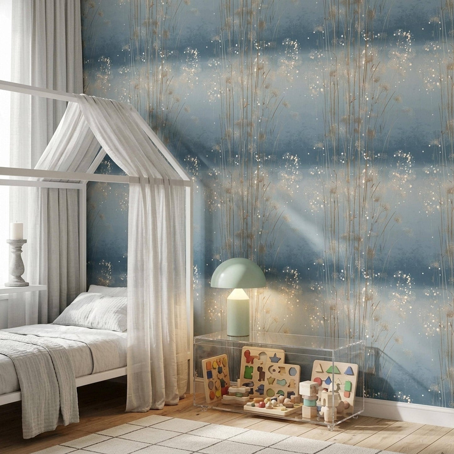 Blue Meadow Grass Wallpaper Organic Modern Botanical Scandinavian Wall Decor