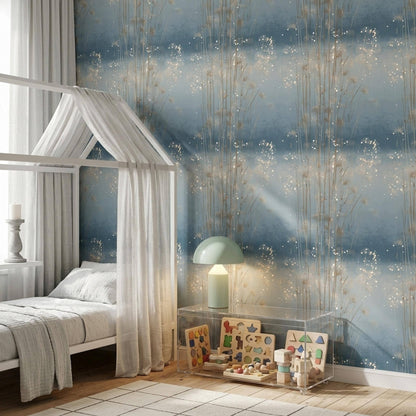 Blue Meadow Grass Wallpaper Organic Modern Botanical Scandinavian Wall Decor